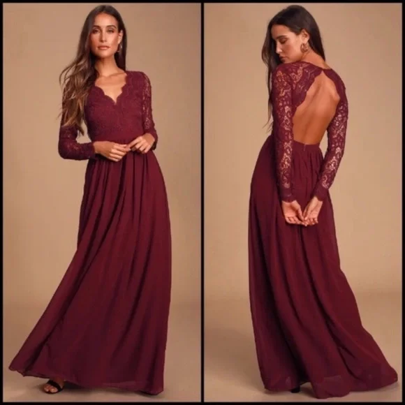 LULUS Awaken My Love Burgundy Lace Maxi Dress Long Sleeve Size Small